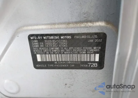 2022 Mitsubishi Mirage Es/Le из США, поврежденный, VIN ML32AUHJ2NH005223